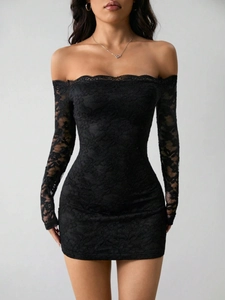 Elegant black off-shoulder lace mini dress with long sleeves and slim fit design