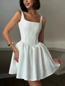 Women Sexy Corset Mini Dress Square Neck Sleeveless Puff Skirt Backless Evening Party Cocktail Bubble Dress Solid Color