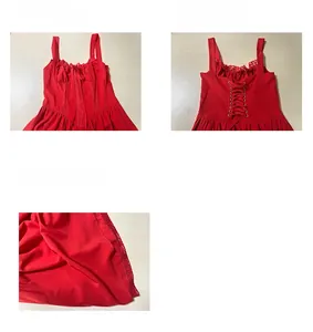 Detailed views of red lace dress showing neckline, back cross straps and hem fabric