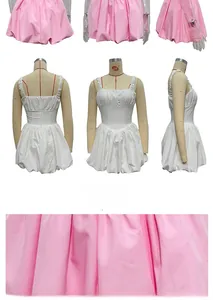 Detailed fabric texture and multi-angle views of pink and white bubble hem mini dresses