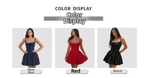 Three-color display of lace-up corset mini dresses in navy blue, red and black