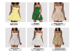 Collage of lace-trimmed summer dresses in six different floral and solid colors