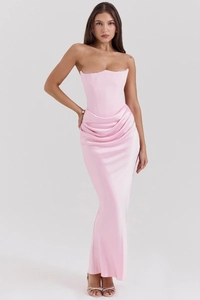 Close-up of pink strapless satin dress featuring corset bodice and draped waist detail