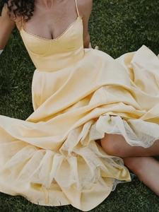 Elegant pale yellow French vintage dress with lace corset and layered tulle skirt