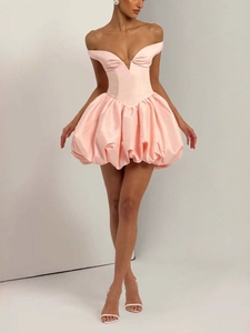 Pink off-shoulder corset puff mini dress with sleeveless A-line silhouette and open back