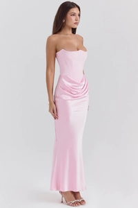 Detail of pink strapless satin gown featuring corset bodice and draped pleats for parties