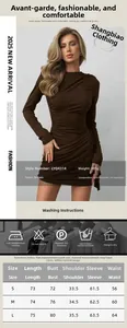 Size chart and fabric details for long sleeve ruched mini dress in brown color