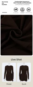 Detailed view of dark brown ruched bodycon dress with breathable high-stretch knit fabric
