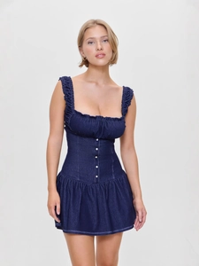 French style slim fit dark blue denim mini dress with ruffled straps and white buttons