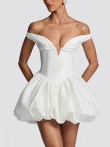 Elegant white strapless satin mini dress with deep V-neck and voluminous bubble skirt