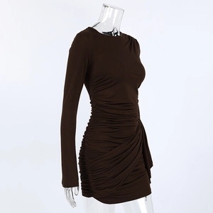 Detail of coffee brown ruched long sleeve mini dress with elegant side pleats
