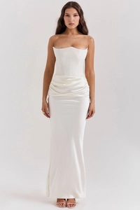 Detail view of the elegant off-shoulder ivory satin dress with waist pleats and fishbone corset