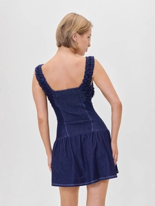 French style slim fit dark blue denim mini dress with elastic smocked back detail