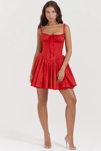 Detailed view of red corset dress with lace拼接 and bow-knot tie on the chest