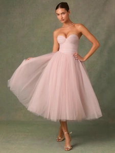 Damen Elegantes Trägerloses Tüll-Midikleid Herz-Ausschnitt Plissiert A-Linie Puffrock Formelles Party Abend Hochzeitskleid