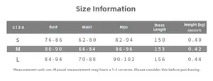 Size chart table for backless slim dress showing bust waist hips and length in cm