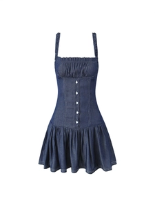 Slim fit navy denim camisole dress with button front and pleated A-line skirt