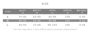 Size chart for halter backless dress including bust waist and hip measurements in cm