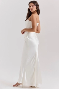 Elegant white strapless satin dress with a floor-length A-line cut and smooth silky texture