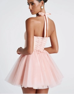 Detail of light pink corset-style back with adjustable lacing on a tulle dress