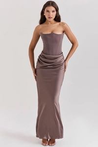 Detailed corset waist and draped silk texture of mocha strapless A-line dress