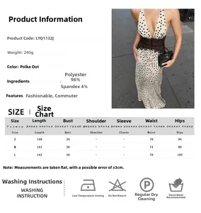Detailed size chart and fabric specifications for the polka dot lace maxi dress
