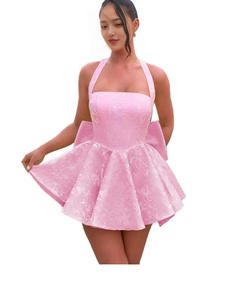 Elegant pink jacquard strapless mini dress with halter neck and large back bow
