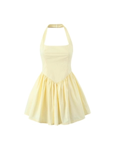 Abito a trapezio giallo stile francese con scollo all'americana e gonna a pieghe