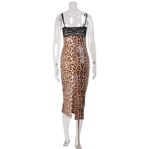Detail view of leopard print sequin dress with lace patchwork and back slit design