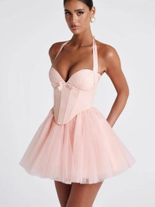 Women Halter Fishbone Corset Mini Dress Layered Tulle Backless Balletcore Party Dress With Bowtie Sweet Tutu Dress