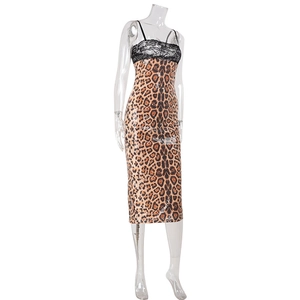 Detail view of lace trim and sequins on this leopard print midi party dress for women