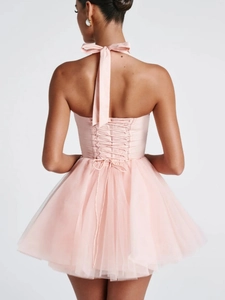 Pink halter neck tulle mini dress with elegant lace-up back design for summer