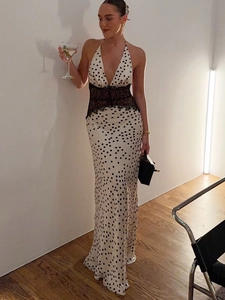 Elegant polka dot halter dress with deep V-neck and black lace waist patchwork design