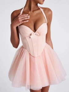 Pink corset halter neck mini dress with fisheye boning and layered tulle skirt