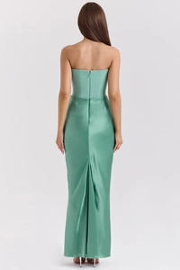 Back view of mint green strapless satin dress with invisible zipper and slit detail