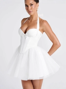 White halter neck corset mini dress with sweet bow detail and layered mesh skirt