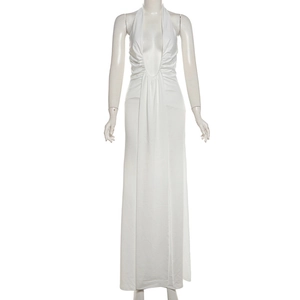 Detail of white halter neck dress featuring deep U-neckline and waist pleat design