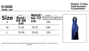 Guide des tailles pour cette robe bustier élégante en satin bleu foncé avec fente