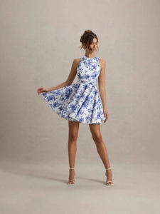 Robe Courte Dos Nu pour Femmes Élégante Imprimé Floral Coupe Trapèze Robe de Soirée Bouffante avec Nœud sans Manches