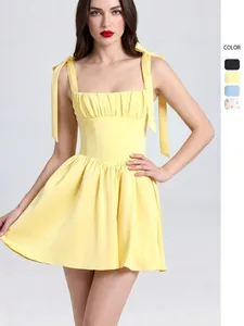 Women Square Neck Bow Tie Strap Mini Dress High Waist Pleated A-Line Backless Corset Style Summer Sexy Bodycon Party Dress