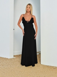 Elegant black strapless A-line maxi dress with subtle shimmer and ruffle neckline detail