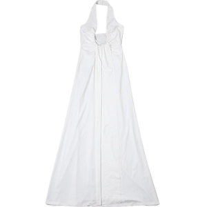 Detail view of the white halter neck dress with pleated neckline and flowing A-line hem