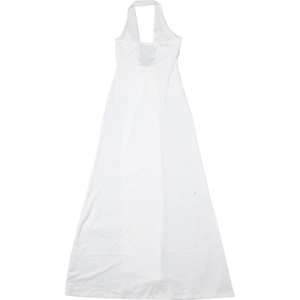 Detail view of white halter neck maxi dress with slim fit and elegant backless design