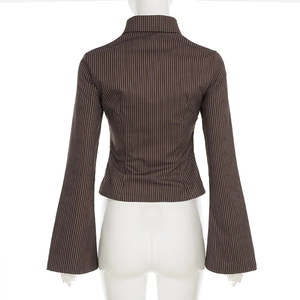 Back view of brown striped slim cotton shirt with vintage collar and bell sleeves