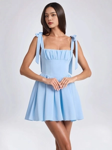 Light blue square neck mini dress with bow straps and pleated high waist design