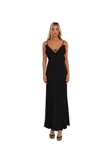 Elegant black off-the-shoulder maxi dress with bow detail and shimmering fabric finish