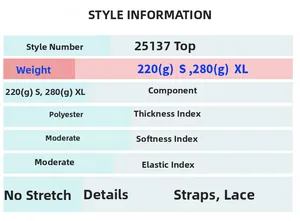 Size chart and fabric details for lace-up polyester top style 25137 showing weight info