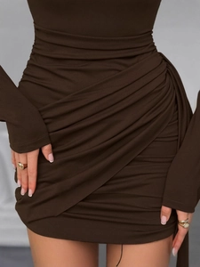 Slim fit dark brown ruched long sleeve mini dress with asymmetric pleated details