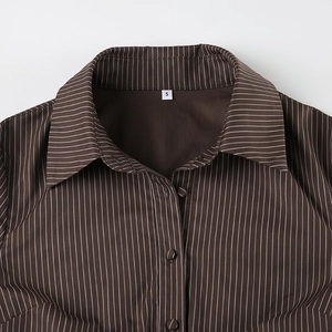 Detail of classic collar and brown pinstripe pattern on a cotton button-down shirt