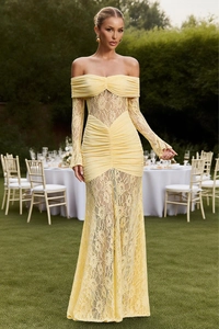 Elegant pale yellow off-shoulder lace maxi dress detail with long split sleeves and ruching